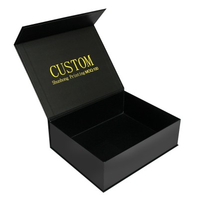 Manufacturer Customer's luxury folding box gold foil design logo black paper clothing packaging boxes